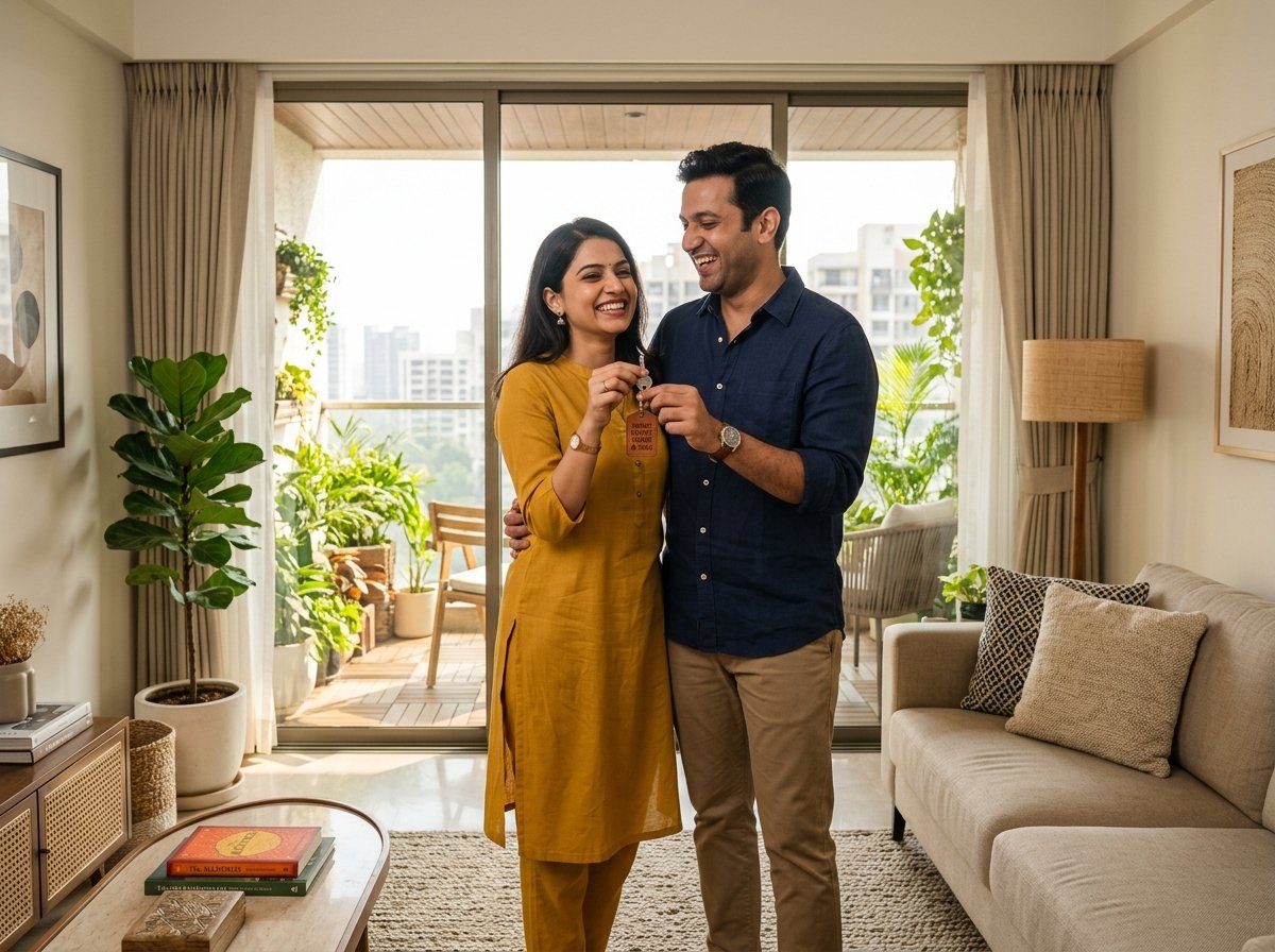 Indian family celebrating home loan approval